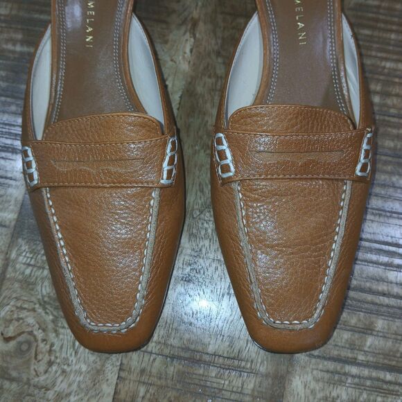 Antonio Melani "Nantucket" Brown Leather Loafer Mules Heels 6M Classic Style - Picture 6 of 12